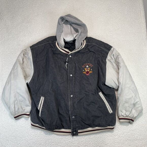 Vintage Mickey Mouse Disney Store Varsity Bomber Jacket XXL Dark Gray Hooded - Picture 1 of 12